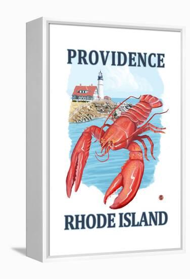 Providence, Rhode Island - Lobster and Lighthouse-Lantern Press-Framed Stretched Canvas