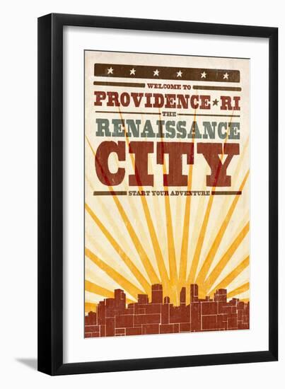 Providence, Rhode Island - Skyline and Sunburst Screenprint Style-Lantern Press-Framed Art Print