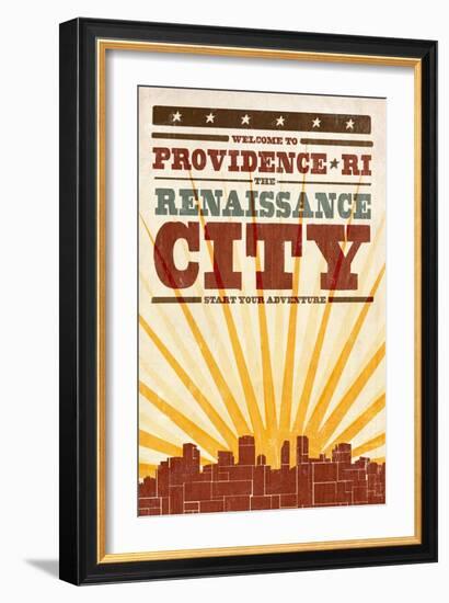 Providence, Rhode Island - Skyline and Sunburst Screenprint Style-Lantern Press-Framed Art Print