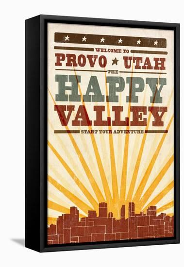 Provo, Utah - Skyline and Sunburst Screenprint Style-Lantern Press-Framed Stretched Canvas