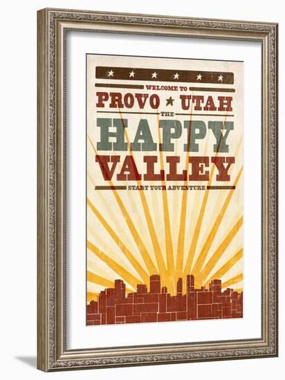 Provo, Utah - Skyline and Sunburst Screenprint Style-Lantern Press-Framed Art Print