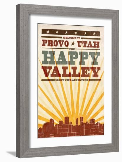 Provo, Utah - Skyline and Sunburst Screenprint Style-Lantern Press-Framed Art Print