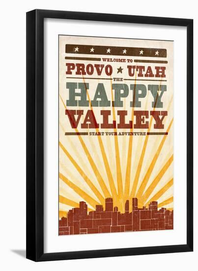 Provo, Utah - Skyline and Sunburst Screenprint Style-Lantern Press-Framed Art Print