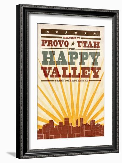 Provo, Utah - Skyline and Sunburst Screenprint Style-Lantern Press-Framed Art Print