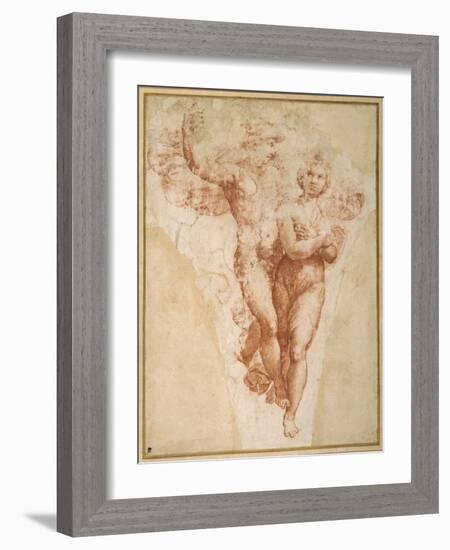 Psyche Carried by Mercury to Olympus (Chalk on Paper)-Giulio Romano-Framed Giclee Print