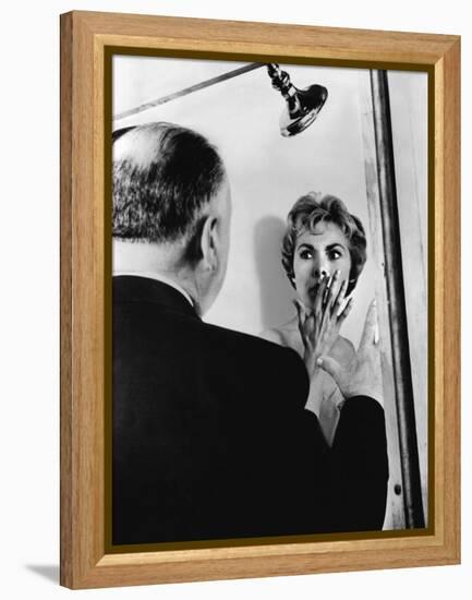 PSYCHO, 1960 directed by ALFRED HITCHCOCK On the set, Alfred Hitchcock directs Janet Leigh (b/w pho-null-Framed Stretched Canvas