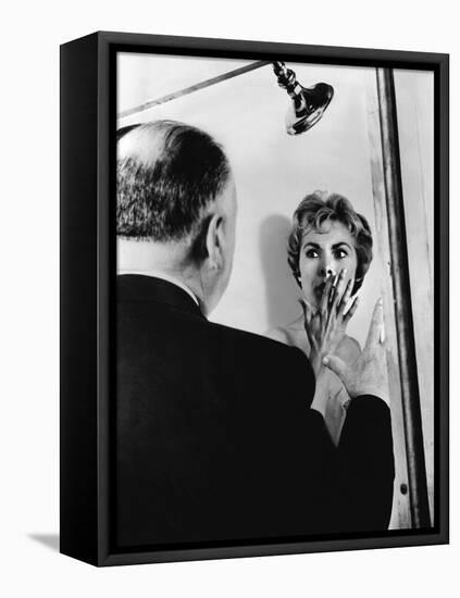 PSYCHO, 1960 directed by ALFRED HITCHCOCK On the set, Alfred Hitchcock directs Janet Leigh (b/w pho-null-Framed Stretched Canvas