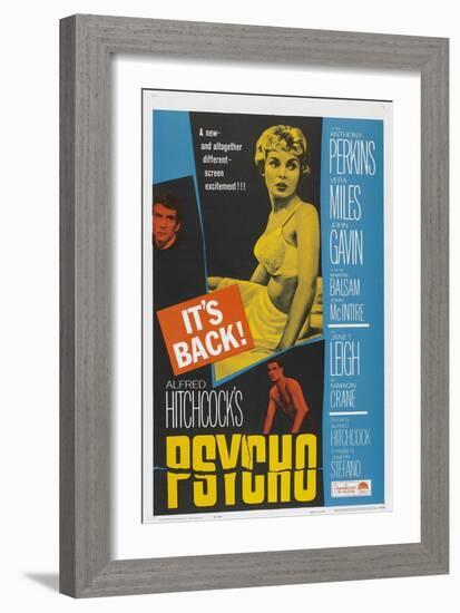 PSYCHO, US poster, Anthony Perkins (left), Janet Leigh (center), John Gavin (bottom), 1960-null-Framed Art Print