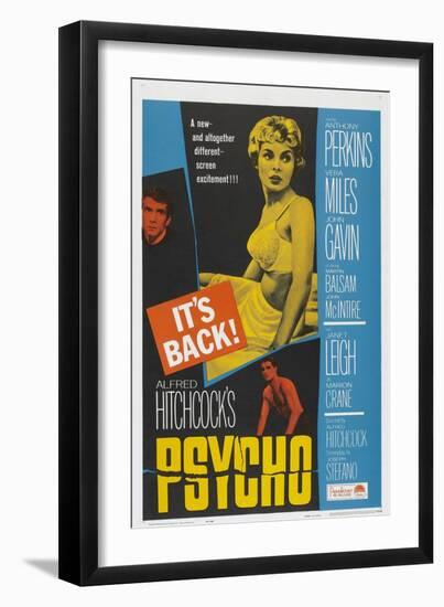 PSYCHO, US poster, Anthony Perkins (left), Janet Leigh (center), John Gavin (bottom), 1960-null-Framed Art Print