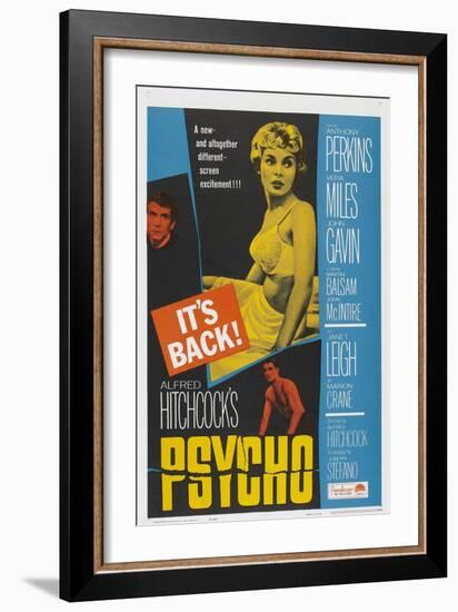 PSYCHO, US poster, Anthony Perkins (left), Janet Leigh (center), John Gavin (bottom), 1960-null-Framed Art Print