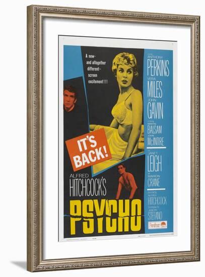 PSYCHO, US poster, Anthony Perkins (left), Janet Leigh (center), John Gavin (bottom), 1960-null-Framed Art Print