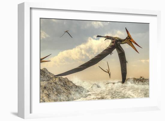 Pteranodon Bird Flying Above Ocean-Stocktrek Images-Framed Art Print