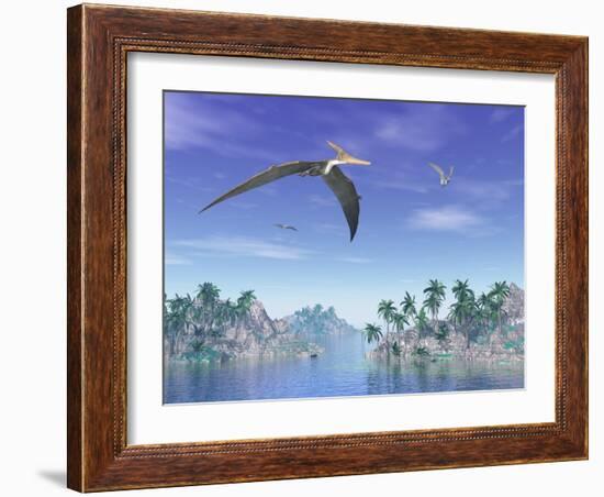 Pteranodon Birds Flying Above Islands with Palm Trees-null-Framed Art Print