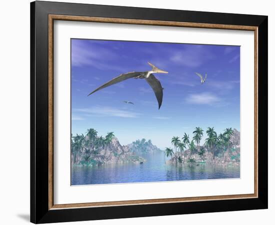 Pteranodon Birds Flying Above Islands with Palm Trees-null-Framed Art Print