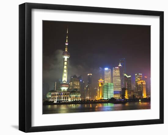 Pudong Skyline at Night across the Huangpu River, Oriental Pearl Tower on Left, Shanghai, China, As-Amanda Hall-Framed Photographic Print