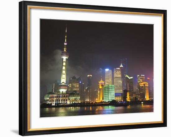 Pudong Skyline at Night across the Huangpu River, Oriental Pearl Tower on Left, Shanghai, China, As-Amanda Hall-Framed Photographic Print