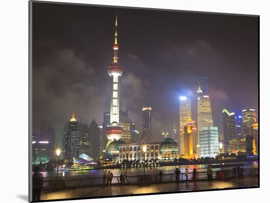 Pudong Skyline at Night across the Huangpu River, Oriental Pearl Tower on Left, Shanghai, China, As-Amanda Hall-Mounted Photographic Print