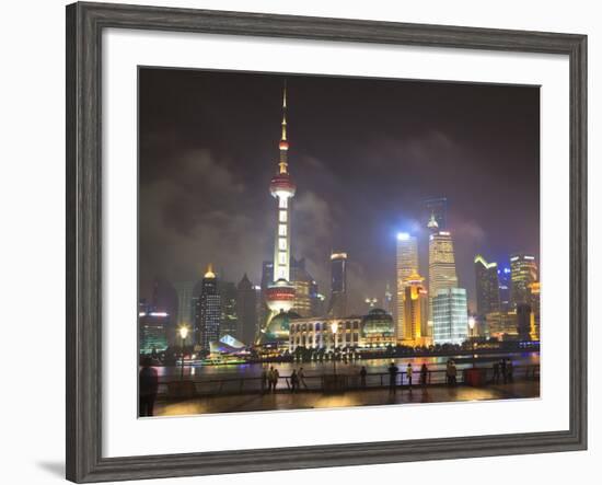 Pudong Skyline at Night across the Huangpu River, Oriental Pearl Tower on Left, Shanghai, China, As-Amanda Hall-Framed Photographic Print