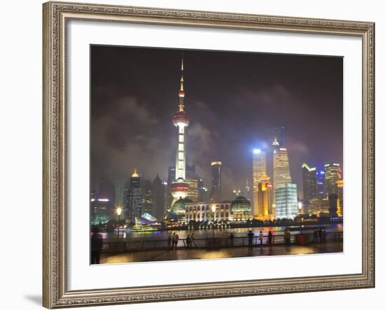 Pudong Skyline at Night across the Huangpu River, Oriental Pearl Tower on Left, Shanghai, China, As-Amanda Hall-Framed Photographic Print