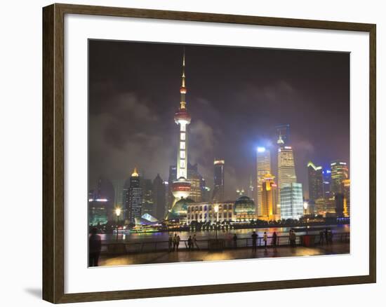 Pudong Skyline at Night across the Huangpu River, Oriental Pearl Tower on Left, Shanghai, China, As-Amanda Hall-Framed Photographic Print