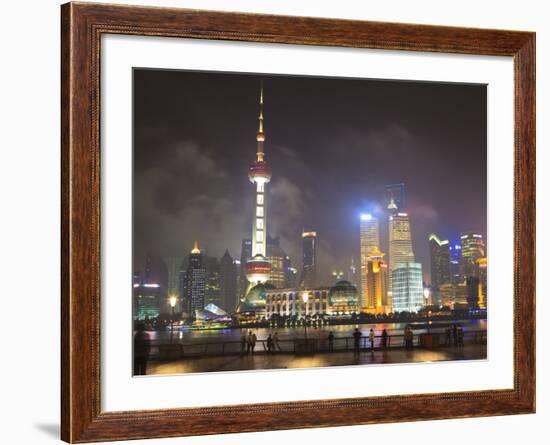 Pudong Skyline at Night across the Huangpu River, Oriental Pearl Tower on Left, Shanghai, China, As-Amanda Hall-Framed Photographic Print