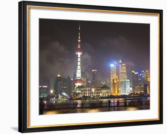 Pudong Skyline at Night across the Huangpu River, Oriental Pearl Tower on Left, Shanghai, China, As-Amanda Hall-Framed Photographic Print