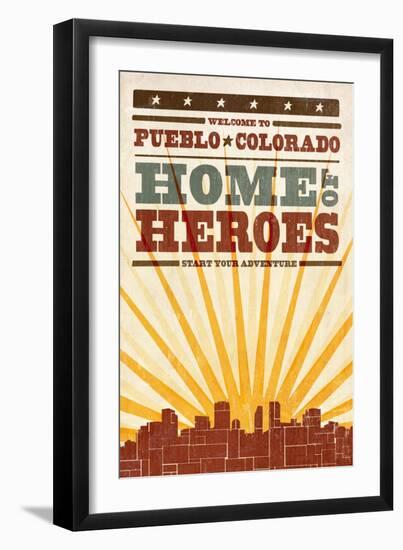 Pueblo, Colorado - Skyline and Sunburst Screenprint Style-Lantern Press-Framed Art Print