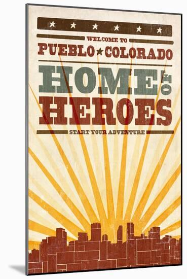 Pueblo, Colorado - Skyline and Sunburst Screenprint Style-Lantern Press-Mounted Art Print