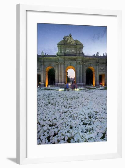 Puerto De Alcala at Dusk and White Flowerbed, Madrid, Spain, Europe-Charles Bowman-Framed Photographic Print