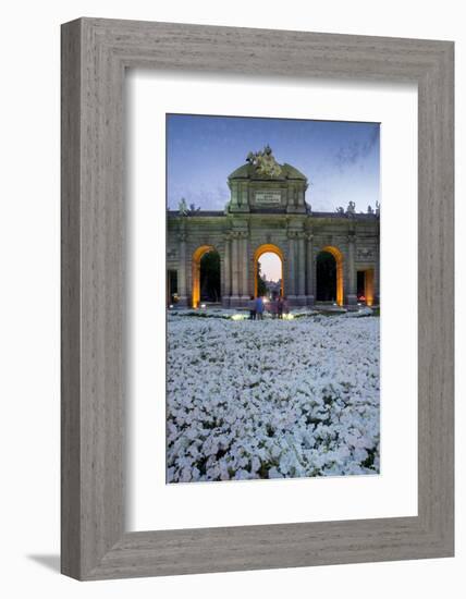 Puerto De Alcala at Dusk and White Flowerbed, Madrid, Spain, Europe-Charles Bowman-Framed Photographic Print