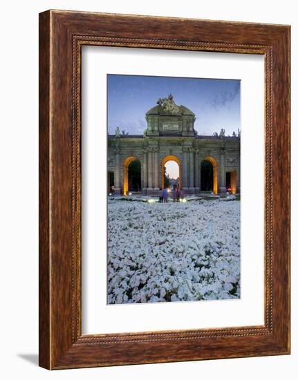 Puerto De Alcala at Dusk and White Flowerbed, Madrid, Spain, Europe-Charles Bowman-Framed Photographic Print