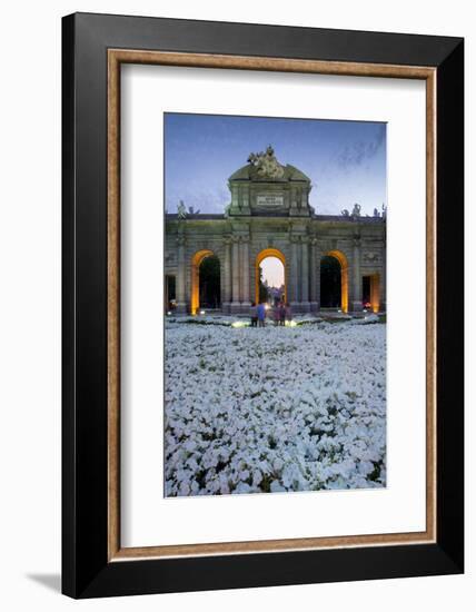 Puerto De Alcala at Dusk and White Flowerbed, Madrid, Spain, Europe-Charles Bowman-Framed Photographic Print