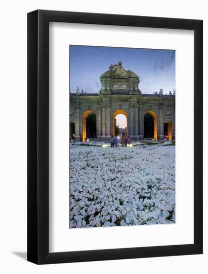 Puerto De Alcala at Dusk and White Flowerbed, Madrid, Spain, Europe-Charles Bowman-Framed Photographic Print