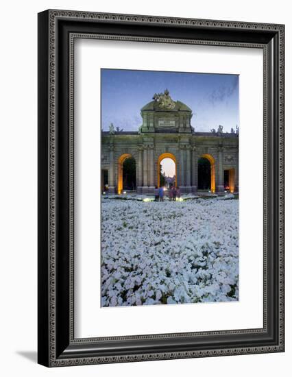 Puerto De Alcala at Dusk and White Flowerbed, Madrid, Spain, Europe-Charles Bowman-Framed Photographic Print