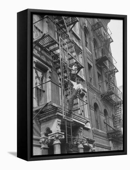 Puerto Rican Boys Climbing on Tenement Fire Escape-Al Fenn-Framed Premier Image Canvas