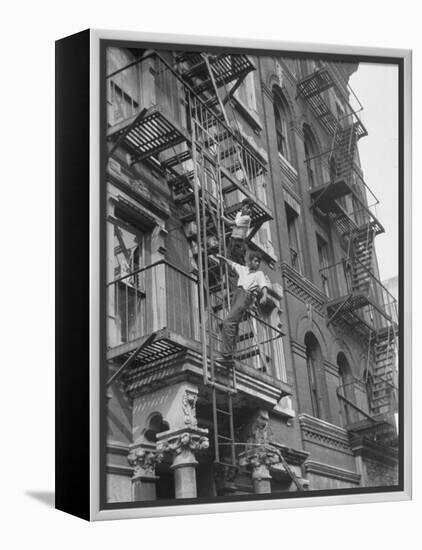 Puerto Rican Boys Climbing on Tenement Fire Escape-Al Fenn-Framed Premier Image Canvas