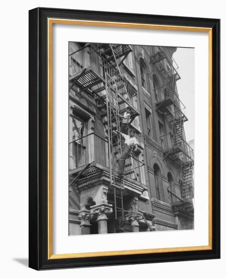 Puerto Rican Boys Climbing on Tenement Fire Escape-Al Fenn-Framed Photographic Print