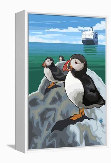 Puffin and Cruise Ship - Pacific-Lantern Press-Framed Stretched Canvas