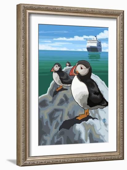 Puffin and Cruise Ship - Pacific-Lantern Press-Framed Art Print