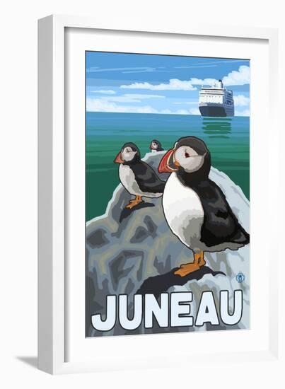 Puffins & Cruise Ship, Juneau, Alaska-Lantern Press-Framed Art Print