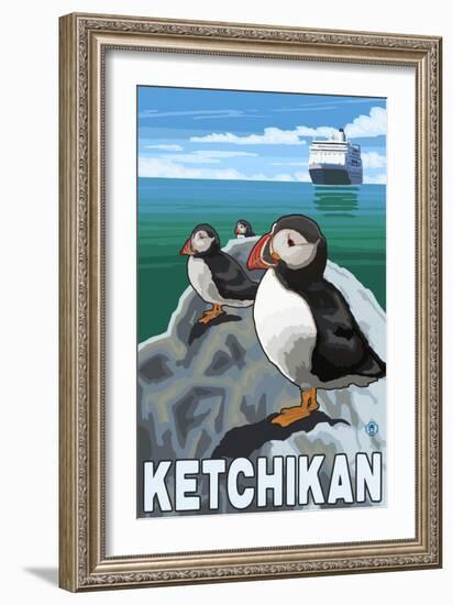 Puffins & Cruise Ship, Ketchikan, Alaska-Lantern Press-Framed Art Print