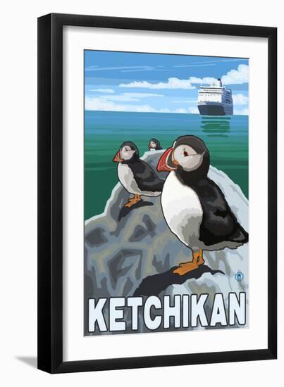 Puffins & Cruise Ship, Ketchikan, Alaska-Lantern Press-Framed Art Print