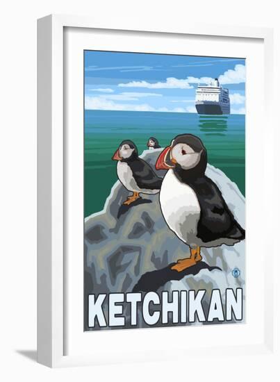 Puffins & Cruise Ship, Ketchikan, Alaska-Lantern Press-Framed Art Print