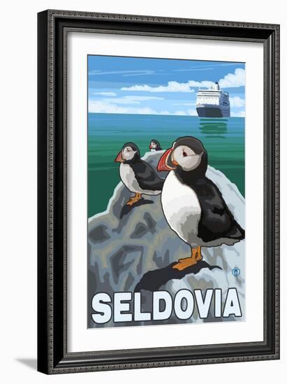 Puffins & Cruise Ship, Seldovia, Alaska-Lantern Press-Framed Art Print