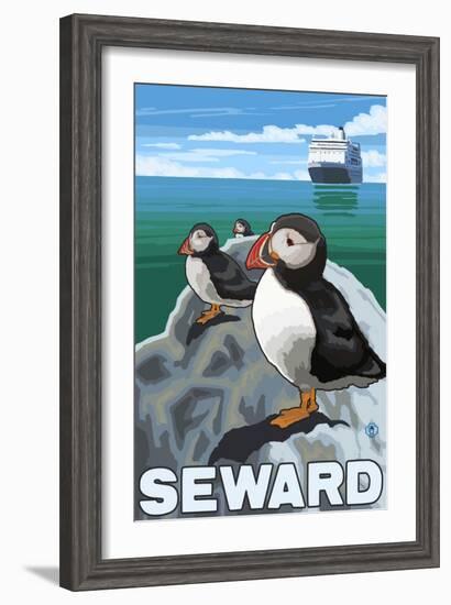 Puffins & Cruise Ship, Seward, Alaska-Lantern Press-Framed Art Print