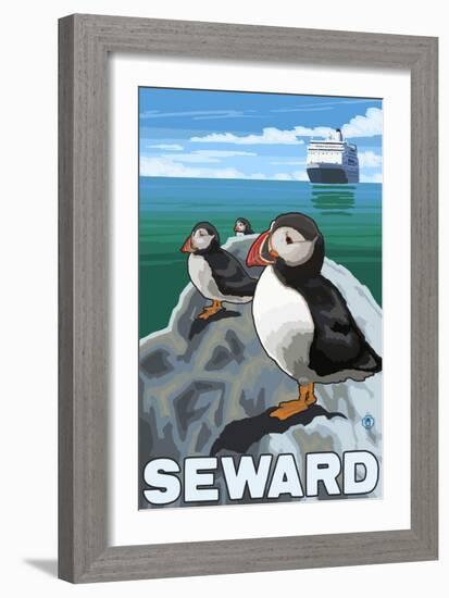 Puffins & Cruise Ship, Seward, Alaska-Lantern Press-Framed Art Print