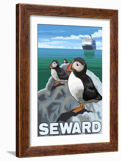 Puffins & Cruise Ship, Seward, Alaska-Lantern Press-Framed Art Print