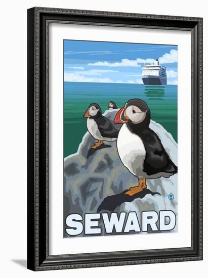 Puffins & Cruise Ship, Seward, Alaska-Lantern Press-Framed Art Print