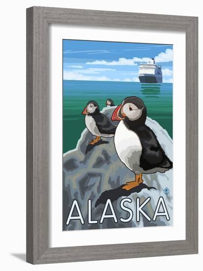 Puffins Watching a Cruise Ship, Alaska-Lantern Press-Framed Art Print