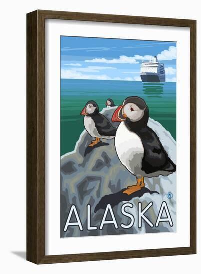 Puffins Watching a Cruise Ship, Alaska-Lantern Press-Framed Art Print